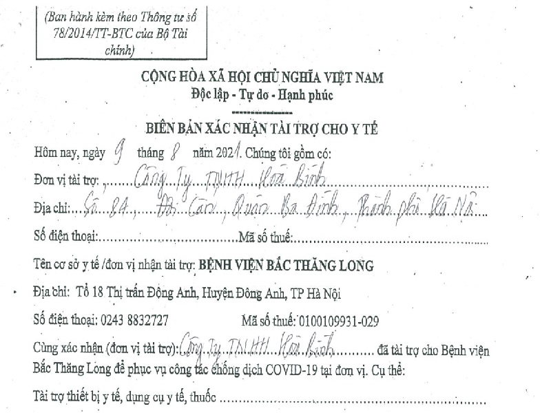 Tập đoàn Hòa Bình hỗ trợ và chung tay cùng bệnh viện Bắc Thăng Long chống dịch COVID 19 Tập đoàn Hòa Bình hỗ trợ và chung tay cùng bệnh viện Bắc Thăng Long chống dịch COVID 19