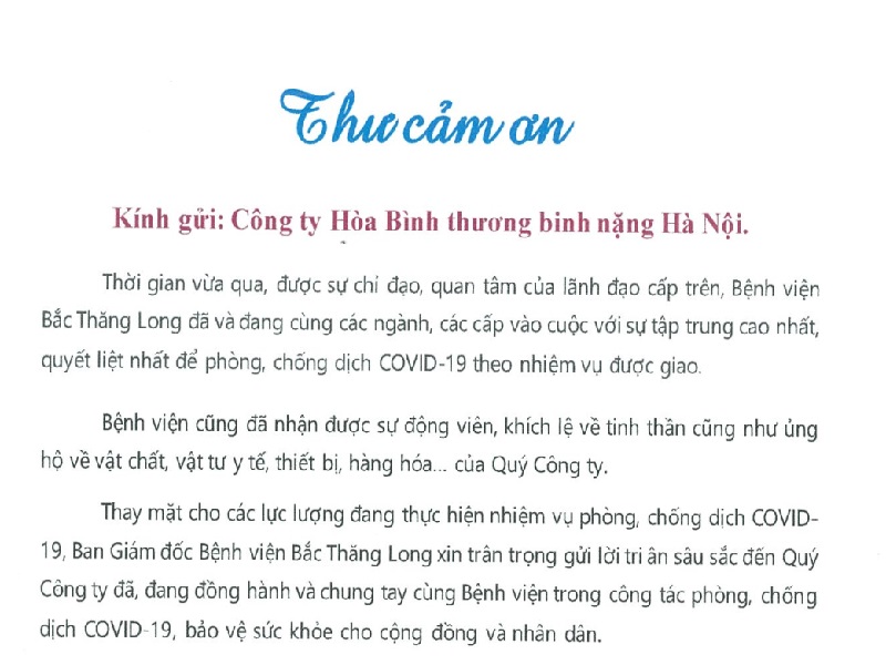 Thư cảm ơn V/v ủng hộ Hỗ trợ chống dịch Covid 19 của bệnh viện Bắc Thăng Long Thư cảm ơn V/v ủng hộ Hỗ trợ chống dịch Covid 19 của bệnh viện Bắc Thăng Long