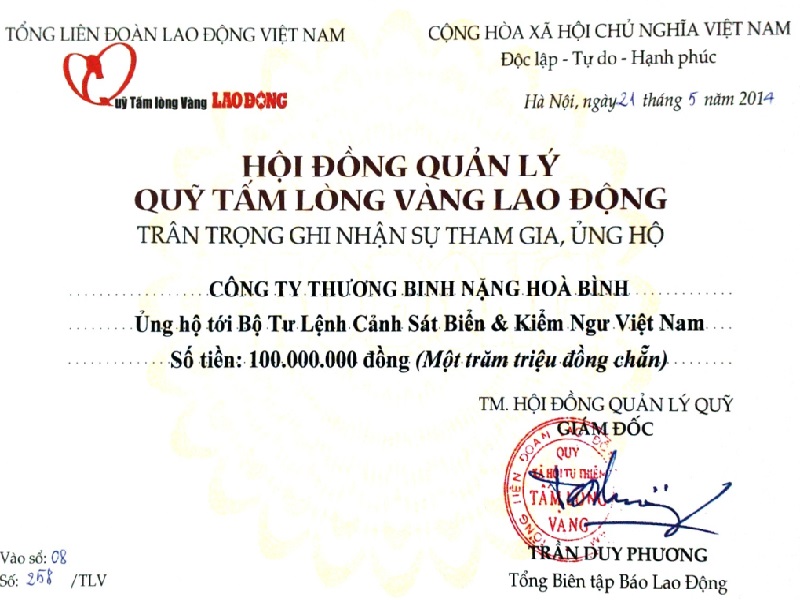 Ngày 19/05/2014 Tập đoàn Hòa Bình hỗ trợ cảnh sát biển, kiểm ngư VN số tiền 100.000.000 đồng Ngày 19/05/2014 Tập đoàn Hòa Bình hỗ trợ cảnh sát biển, kiểm ngư VN số tiền 100.000.000 đồng